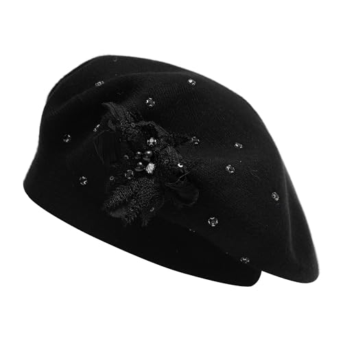 ZLYC Women French Beret Hat Reversible Solid Color Mosaic Warm Artist Cap - color: Bead Flower Black