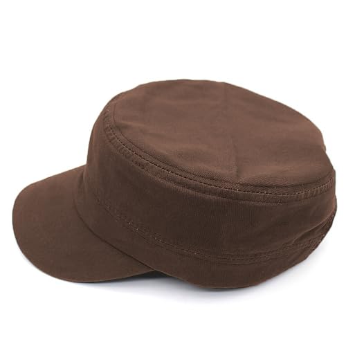 Cadet Army Cap Military Style Adjustable Flat Top Cap Unisex Basic Baseball Hat for Men Women - color: Brown