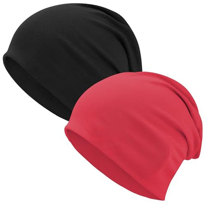 ROYBENS 100% Cotton T-Shirt Beanie for Women Men Slouchy Soft Skull Cap - color: 2pcs-black, Red