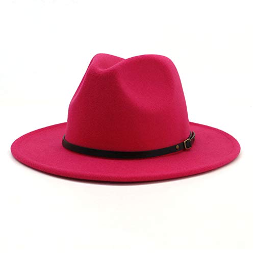 DRESHOW Women Classic Felt Fedora Wide Brim Floppy with Belt Buckle Panama Hat - color: 1 Pack: Felt Fedora Hot Pink