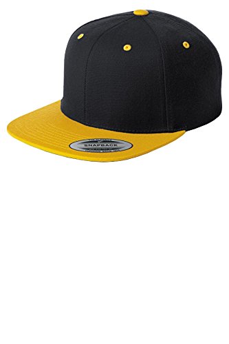 SPORT-TEK Unisex Classics Flat Bill Snapback Cap | Snapback Hat for Men & Women, High Profile Design with 7 Position Closure - color: Black/ Gold
