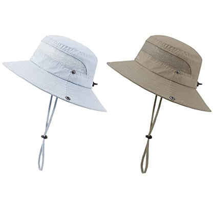Kids Sun Hat UPF 50+ Safari Bucket Hat for Boys Girls - color: 2 Pack Khaki & Light Grey, size: Medium