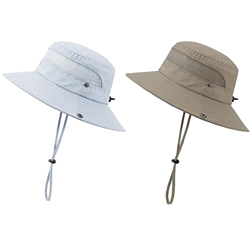 Kids Sun Hat UPF 50+ Safari Bucket Hat for Boys Girls - color: 2 Pack Khaki & Light Grey, size: Medium