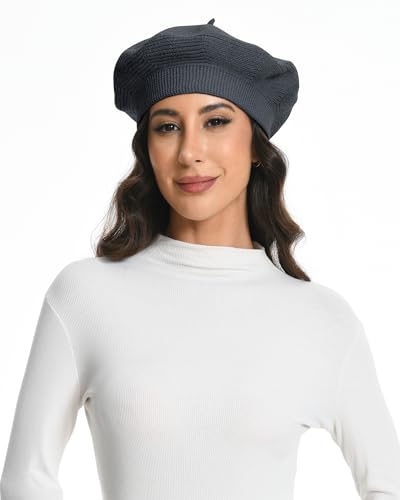 Cotton Knitted Women Beret Hat, French Style Solid Color Beret, Winter Autumn Warm and Soft Beanie Hat - color: Dark Gray