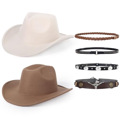 2 Pack Western Cowboy Hats for Women Men 2 Different hat Bands - color: White - Khaki