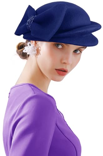 Women's Vintage 100% Wool Felt Cloche Bucket Bowler Hat Winter Vintage Bow Fedoras Church Derby Fascinator Hat - color: B9-navy