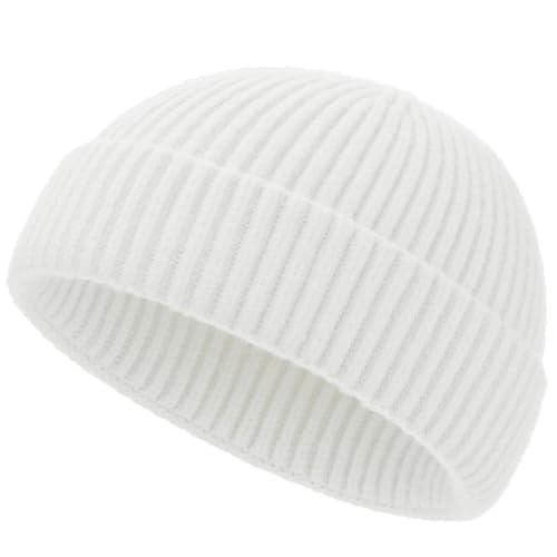 Short Fisherman Beanie for Men Women Wool Knit Cuff Winter Hats - color: 1pcs-white