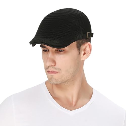 DIYDECAL Mens Breathable Mesh Summer Hat Adjustable Newsboy Beret Ivy Cap Cabbie Flat Cap - color: Black