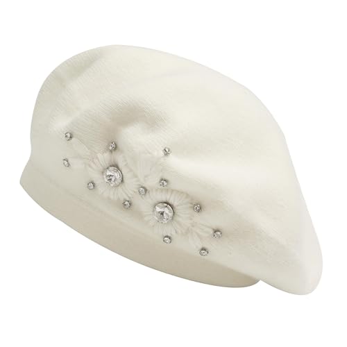 ZLYC Women French Beret Hat Reversible Solid Color Mosaic Warm Artist Cap - color: Embroidered Flowers White