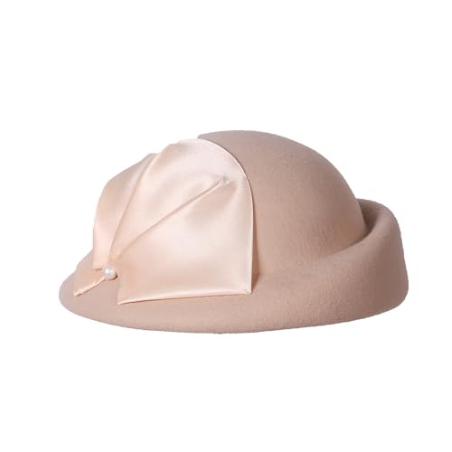 Vintage Wool Felt Cloche Bucket Bowler Hat Women Church Wedding Fascinator Formal Dress Hat Winter Fedoras - color: Camel-70