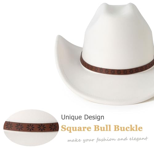 Western Cowboy Hat for Women Men Retro Suede Hat - color: Beige-small Flower Belt