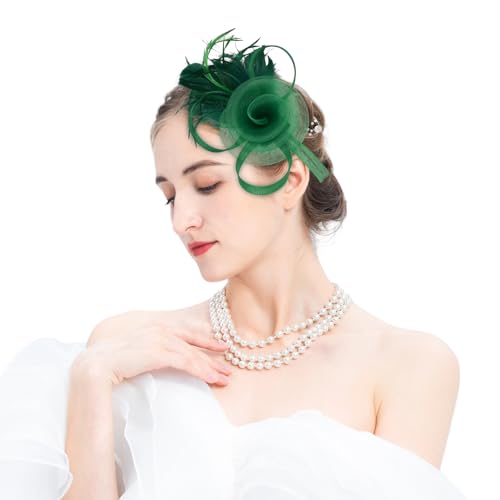 Tulle Flower Fascinators Hats for Women 2025 Derby Outfits for Women Tea Party Derby Hats - color: Forest Green