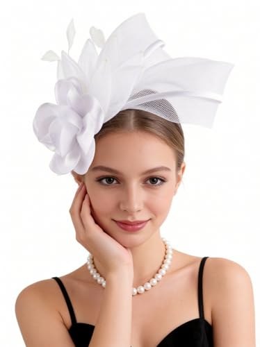 Fascinators Hat for Girls and Women Tea Party Flower Mesh Feather Kentucky Headwear with Headband and Clip - color: White