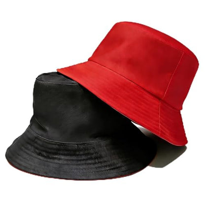 Bucket Hat for Men and Women 2-in-1 Reversible Sun Protection Fashion Flat Top Cap for Fishing Travel Beach Sports - color: Red-black