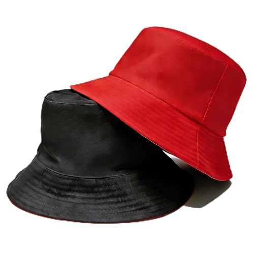 Bucket Hat for Men and Women 2-in-1 Reversible Sun Protection Fashion Flat Top Cap for Fishing Travel Beach Sports - color: Red-black