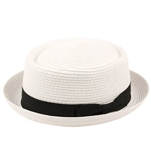 Men's Fancy Summer Straw Pork Pie Derby Fedora Upturn Brim Hat - color: F1857white, size: Small-Medium