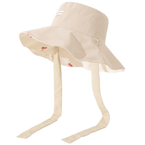 Women's Reversible Bucket Sun Hat with Cherries Embroidered Pattern, UPF 50+ UV Protection, Water Resistant for Beach Hiking - color: Light Khaki
