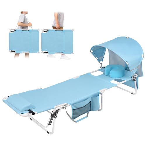 Tanning Chair with Sun Canopy Face Hole Softer Padded Adjustable Washable, Heavy Duty Layout Folding Lounge Chair for Adults Outside Beach Reading Sunbathing Poolside Lawn, UPF 50+ Sun Shade, 300 LBS - color: Blue, size: Standard Size