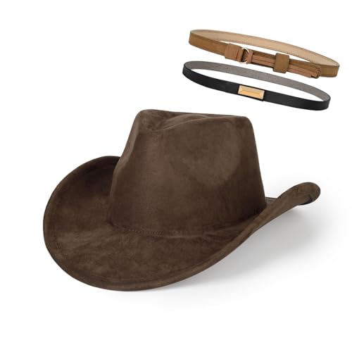 2 Pack Western Cowboy Hats for Women Men 2 Different hat Bands - color: Coffee
