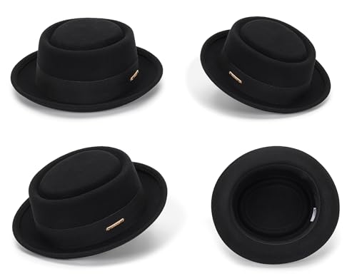 Men's Flat Top Pork Pie Hat - Wool Porkpie Fedora Hats Bowler Hat for Women