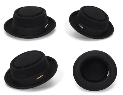 Men's Flat Top Pork Pie Hat - Wool Porkpie Fedora Hats Bowler Hat for Women