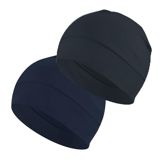 BISMAADH Cotton Skull Caps for Men and Women,2-Pack Lightweight Beanie Sleep Hats Breathable Helmet Liner Biking - color: Black & Blue