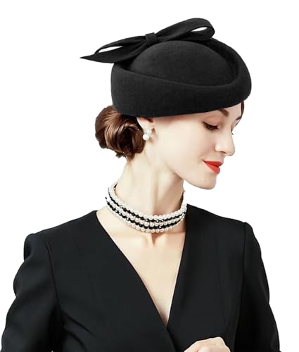 ORIDOOR British Style Pillbox Hat Women Church Wedding Winter Vintage Fascinator Beret 100% Wool Felt Hat with Veil - color: 03b-black