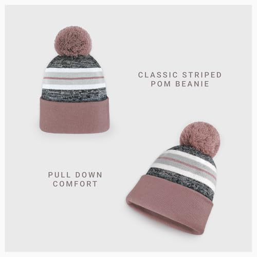 Pom Pom Beanie Cuffed Knit Winter Hat Skull Cap Striped Novelty Men Women - color: (Dusty Rose)