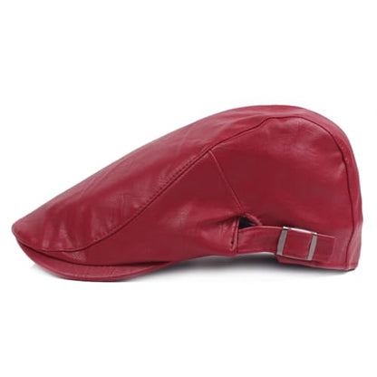 Quanhaigou Men Adjustable PU Leather Ivy Cap Newsboy Hat Women Beret Caps Classic Golf Cap Gatsby Driving Hat - color: Plain Red