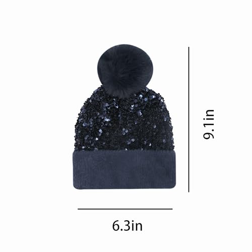 Women Sparkly Sequins Knitted Beanie Hat Warm Winter Skull Cap with Faux Fur Pom Pom - color: Dark Blue