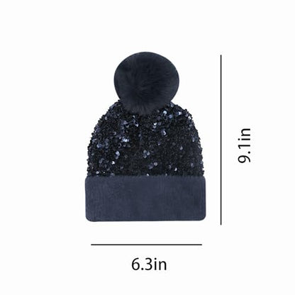 Women Sparkly Sequins Knitted Beanie Hat Warm Winter Skull Cap with Faux Fur Pom Pom - color: Dark Blue