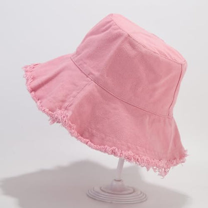 Quanhaigou Frayed Unisex Sun Hats, Fashion Beach Bucket Hat for Men Women,Summer Outdoor Boy's Girls Boonie Cap - color: Frayed Pink