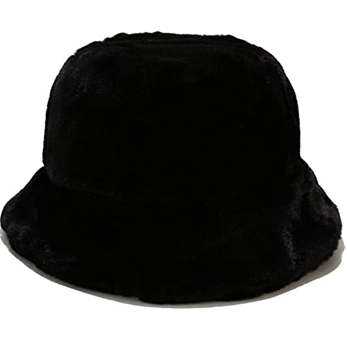 Winter Faux Fur Furry Bucket Hat Fluffy Fuzzy Warm Hat Plush Fisherman Hat for Women Men Teens Girls - color: A Black