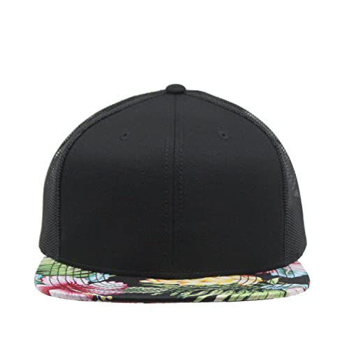 Plain Cotton Twill Flat Brim Mesh Adjustable Snapback Trucker Baseball Cap - color: Hawaiian/Black/Black