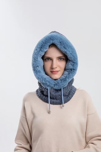 Womens Winter Hats, Warm Hooded Scarf Hat for Women, Fleece Beanie Hat with Drawstring, Balaclava Knit Skull Cap - color: Navy Blue