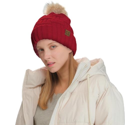 C.C Knit Beanie Hat – Fuzzy Fleece Lined Warm Winter Hat, Faux Fur Pom Soft Stretchy Slouchy Knit Cap, Cold Weather Beanie - color: Red