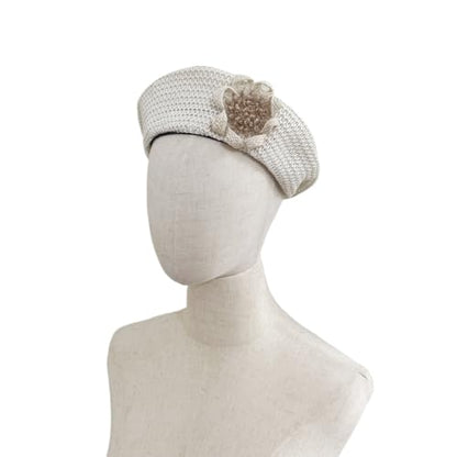 Women Summer French Beret Lady Slouchy Crochet Beret Hats 3D Flower Artist Painters Woven Beach Beanie Cap - color: Beige