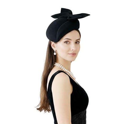 Women Wool Derby Hat for Women Pillbox Hat Wedding Hats Felt Bowknot Fascinators - color: 407 Black