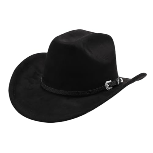 Western Cowboy Hat for Men Cowgirl Hat for Women Unisex Wide Brim Felt Fedora Hats Classic Flat Top Hats with Buckle Belt - color: A-black