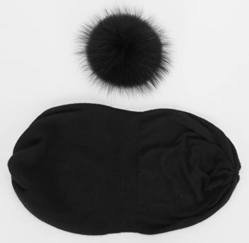 Women's Double Layer Winter Slouchy Knit Beanie Hat with Real Fur Pom Pom - color: Black Pom 3