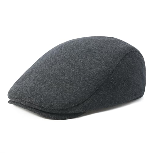 FEINION Men Wool Blend Flat Cap Tweed Newsboy Ivy Hat - color: Dark Grey