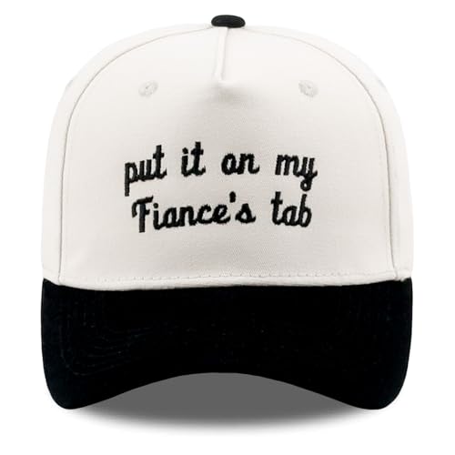 Funny Embroidered Trucker Hat, Vintage Two-Tone Cotton Baseball Cap for Men Women, Adjustable Dad Hat Gift Idea - color: Put It on My Fiance's Tab, Black/Beige