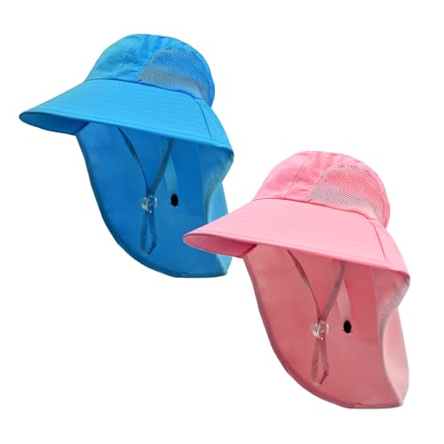 Rosoz Kids Sun Hat with Neck Flap UV Protection Summer Toddler Beach Hat Unisex Ponytail Hat Wide Brim Fishing Hat - color: 2pack-blue+pink