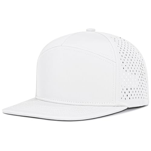 4 Inclusive Sizes Performance Flat Brim Trucker Hat Men Women, 7 Panel Snapback Running - color: 62.white