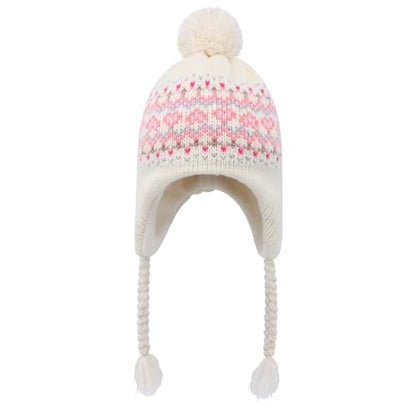 Winter Peruvian Hat Earflap Fleece Lined Girls Knit Beanie 3-10T - color: 3a-patternwhite, size: 6-10 Years