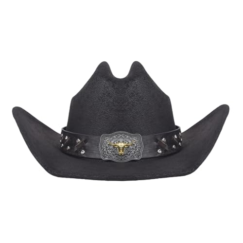 Cowboy Hat for Men Women – Microfiber Faux Leather Western Hat, Medium Size (21.5-22.5 Inch Head Circumference) - color: Prh-black-l