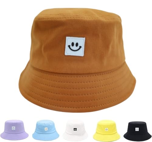 Kids Sun Hat Smile Face Bucket Hat for Girls Boys Summer Sun Protection Cotton Unisex Beach Cap - color: Mocha Mousse
