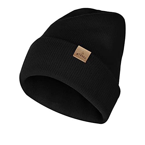 Mens Beanie Merino Wool Warm Hats for Women Men Knit Slouchy Double Layer Warm Cuffed Skull Beanie Skiing Skating Black