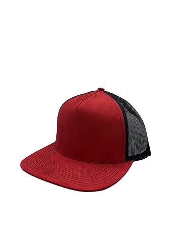 Ashen Fane Faux Suede Polyester Blend 5 Panel Classic Flat or Round Visor Adjustable Snapback Mesh Back Trucker Hat - color: Flat - Red