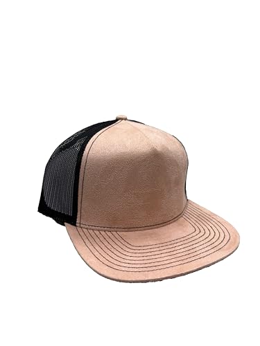 Ashen Fane Faux Suede Polyester Blend 5 Panel Classic Flat or Round Visor Adjustable Snapback Mesh Back Trucker Hat - color: Flat - Sand Tan